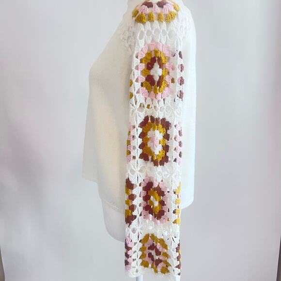 PINK LILY V-NECK RANDOM MIXED COLOR CROCHET SQUARE PATTERN BELL SLEEVE SWEATER - Picture 3 of 12